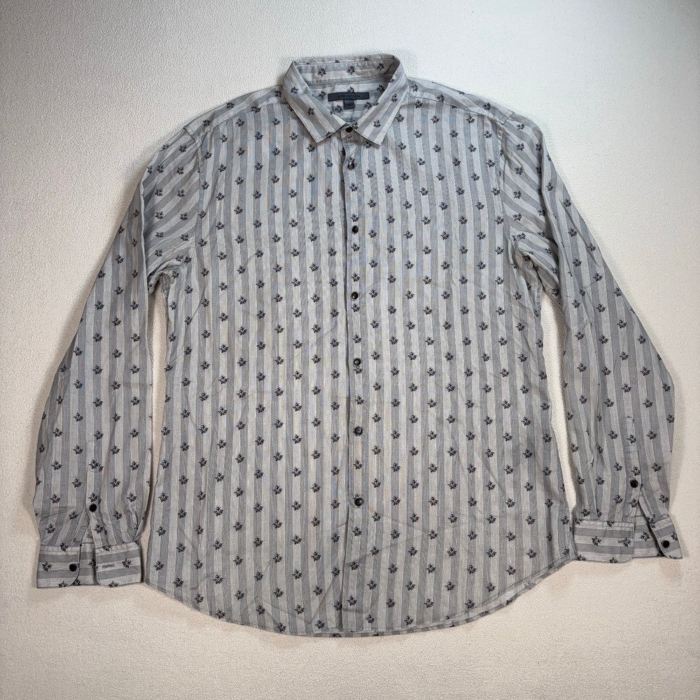 John Varvatos Cotton-Linen Shirt Men's L Gray Floral Embroidery Stripe Button Up